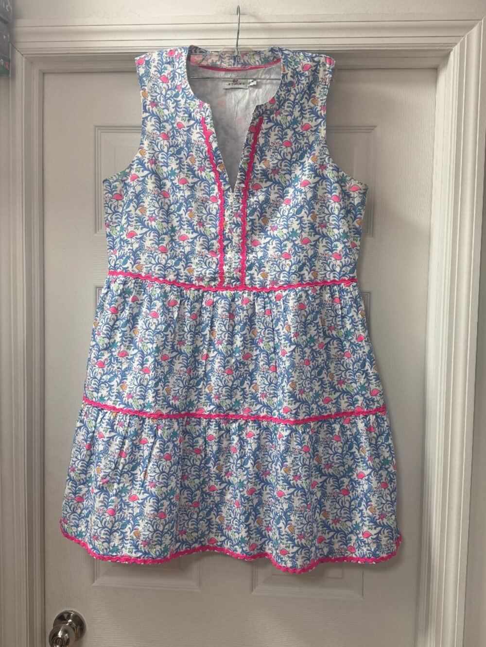 Vineyard Vines Flamingo Otomi Print Tiered Lined Dress w pockets size Medium EUC - Picture 1 of 13
